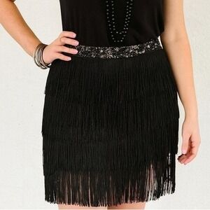 Mori Lee Madeline Gardner Black Fringe Sequin Mini Skirt Size‎ 10 Flapper 20s